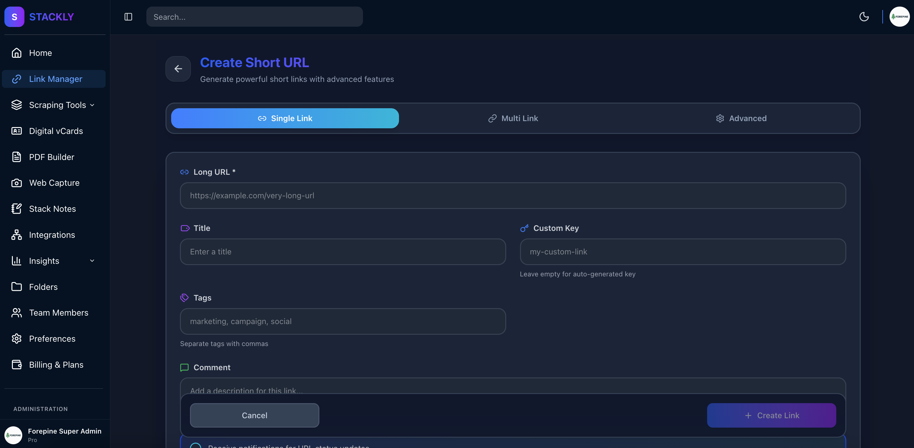 Create Short URL - Basic Options